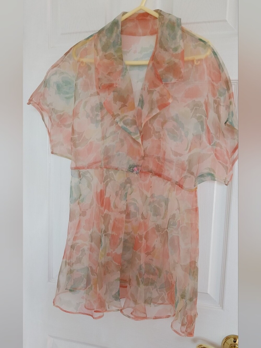 Made In Italy Sheer Floral Peach and Sage Short-Sleeve Cardigan
